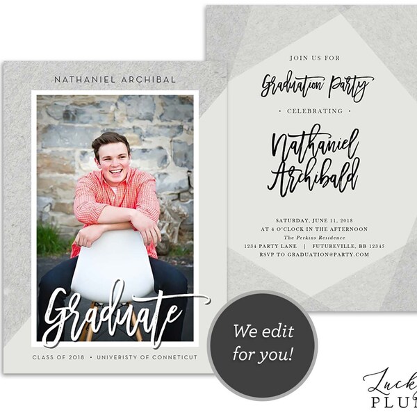 Graduation Announcement / Graduation Invitation / Grad Invite / Modern Printable Black Gold /  Class of 2019