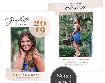 Graduation Announcement / Graduation Invitation / Grad Invite / Modern Printable Black Gold /  Class of 2019