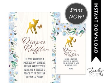 Diaper Raffle Card Bambi Baby Shower Diaper Insert Floral Fairy Garden Woodland Animal Enchanted Forest Glitter Fawn Deer Instant Download