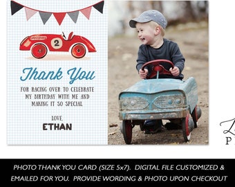 Race Car Photo Thank You Card / Race Car Thank You Note Card / Racing Photo Thank You Card / Boy Red Black Transportation Watercolor / RC01