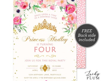 Princess Birthday Invitation / Tiara Birthday Invitation / Pink Gold Birthday Invitation / First Birthday Invitation / Glam Floral PR01