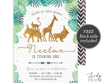 Gold Safari Birthday Invitation / Jungle Birthday Invitation / Wild Birthday Invitation / Zoo First Birthday Boy Gold SF01