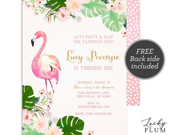 Flamingo Birthday Invitation / Luau Birthday Invitation / Tropical Birthday Invitation / First Birthday Invitation / Floral Invitation FG01
