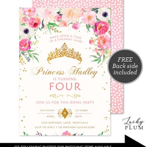 Princess Birthday Invitation / Tiara Birthday Invitation / Pink Gold Birthday Invitation / First Birthday Invitation / Glam Floral PR01 image 1