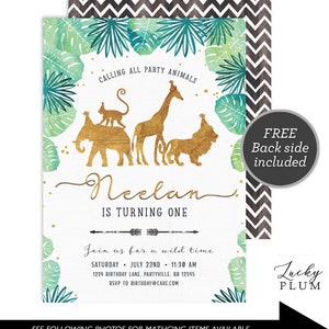 Gold Safari Birthday Invitation / Jungle Birthday Invitation / Wild Birthday Invitation / Zoo First Birthday Boy Gold SF01 image 1