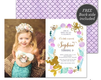Mermaid Birthday Photo Invitation / Ocean Birthday Invite / Under the Sea First Birthday Invitation / Summer Shells Starfish Invitation MD01