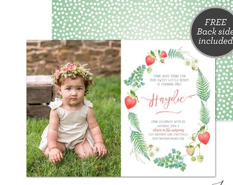 Strawberry Birthday Photo Invitation / Berry First Birthday Photo Invite / Tutti Fruitti Birthday Invitation Red Green Digital SB01