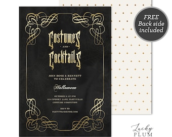 Costumes & Cocktails Invite / Adult Halloween Invitation / Adult Costume Party Invite / Modern Simple Black Gold Invite / Digital