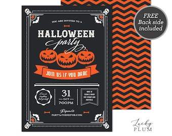 Adult Halloween Invite / Adult Costume Party Invitation / Modern Simple Black White Orange Jack o Lantern / Digital