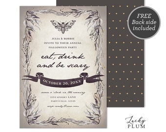 Eat Drink & Be Scary Invite / Adult Halloween Invitation / Adult Costume Party Invite / Vintage Laurel Moth / Digital