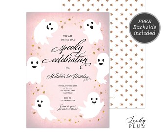 Girls Halloween Birthday Invite / Cute Halloween Invitation /  Cute Pink Gold Ghost Stars Costume Party on / Digital