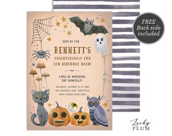 Halloween Birthday Invitation / Trick or Treat Costume Party Invite / Pumpkin Ghost Bat Cat Owl Spider Bones Digital