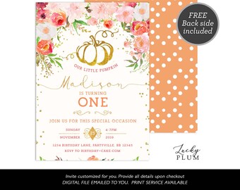 Pumpkin Birthday Invitation / Fall Birthday Invite / Autumn Birthday Invite / First Birthday Invitation / Farmers Market Birthday Invite