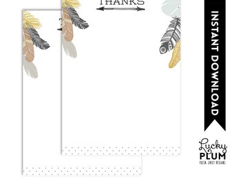 Deer Thank You Card / Boho Bohemian Thank You Card / Aztec Tribal Thank You Card / Feather Thank You Card / DIY Printable /  *Digital file*
