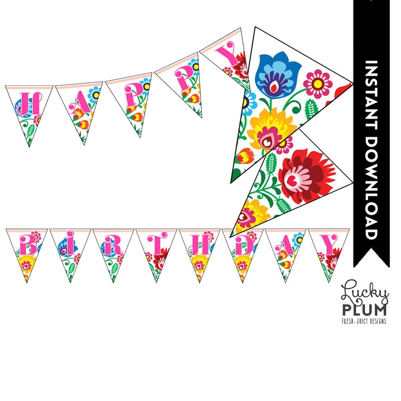 Fiesta Birthday Banner / Flower Banner / Tribal Banner / Mexican Fiesta Banner / Papel Picado Banner / Printable / DIY / Digital File image 1