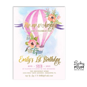 Hot Air Balloon Birthday Invitation / Hot Air Balloon Invitation / Up up and Away Birthday Invitation / First Birthday Invitation / Pink