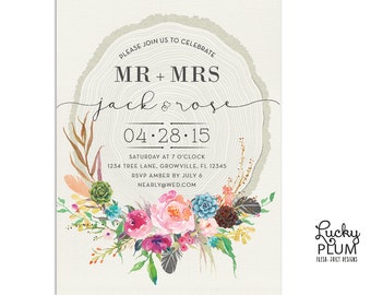 Flower Boho Engagement Invitation / Feather Invitation / Succulent Engagement Invite / Fall Bridal Shower Invite / Flower Baby Shower Invite