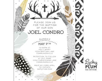 Boho Baptism Invitation / Boy Baptism Invitation / Boho Christening Invitation / Fiesta First Communion Invitation / Bohemian Feathers Arrow