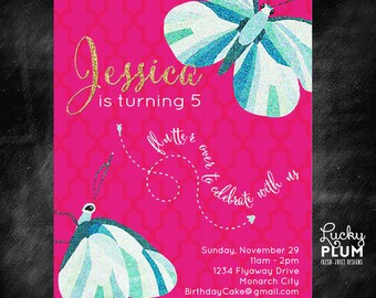 Butterfly Birthday Invitation / Animal Insect Bug Invite / Modern Fly Girl Invitation / Pink Blue Glitter Invite / *Digital file*