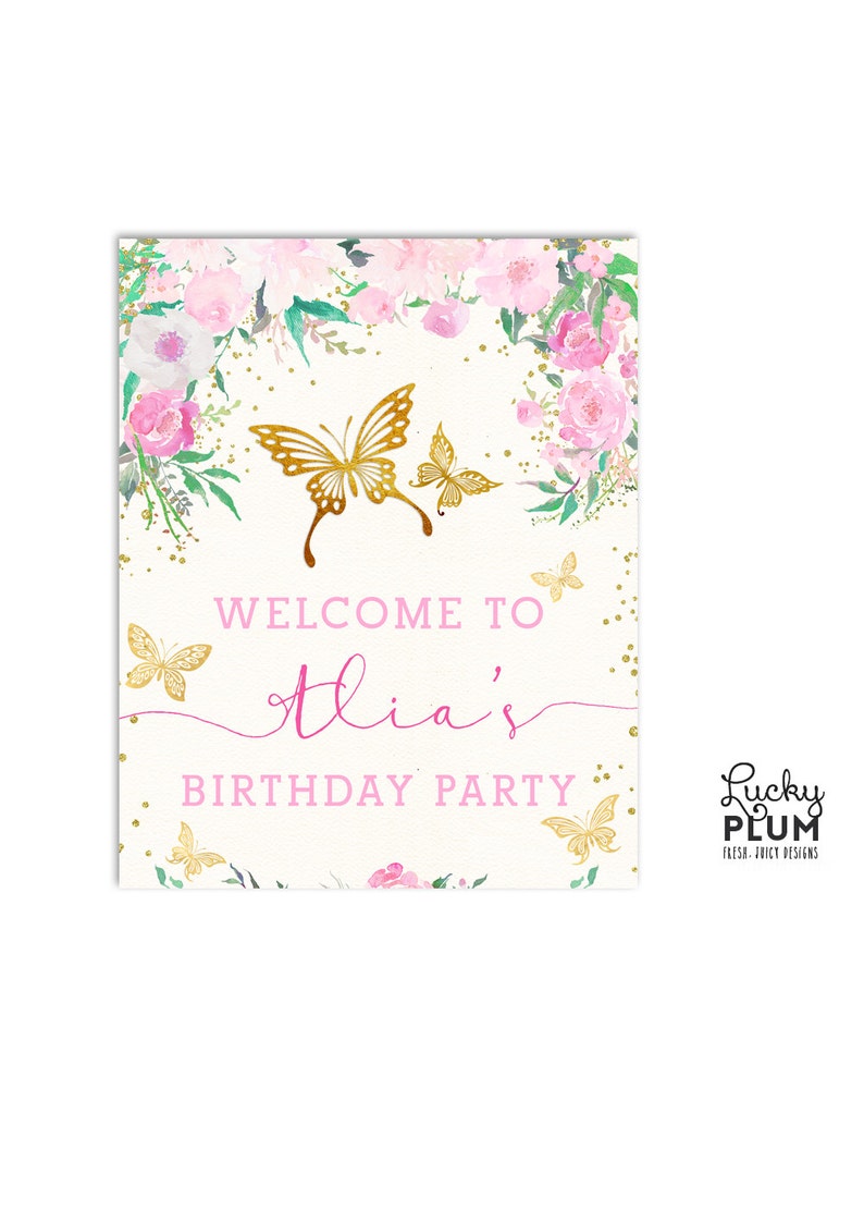 Butterfly Welcome Sign / Woodland Welcome Sign / Floral Welcome Sign / Light Pink Welcome Sign / Gold Foiled DIY Printable BY02 image 1