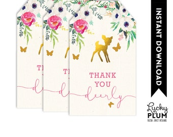 Deer Favor Tag / Deer Thank You Tag / Woodland Favor Tag / Woodland Thank You Tag Garden Flower Elves Pixie Butterfly  DR01