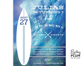 Surf Birthday Invitation / Ocean Party Invite / Summer Invitation / Blue White Invite / Wave Watercolor Invite / Retro Invite / *Digital