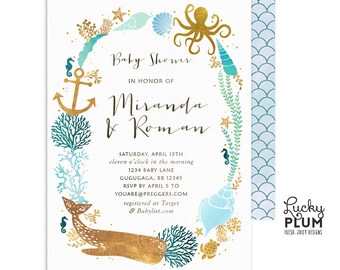 Ocean Baby Shower Invitation / Couples Coed Baby Shower Invitation / Whale Baby Shower Invitation /  Nautical Under the Sea Twins WH01
