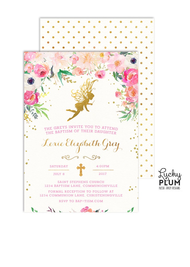 Baptism Invitation / Fairy Baptism Invitation / Christening Invitation / First Communion Invitation / Fairy Woodland Pink Gold FY01 image 1