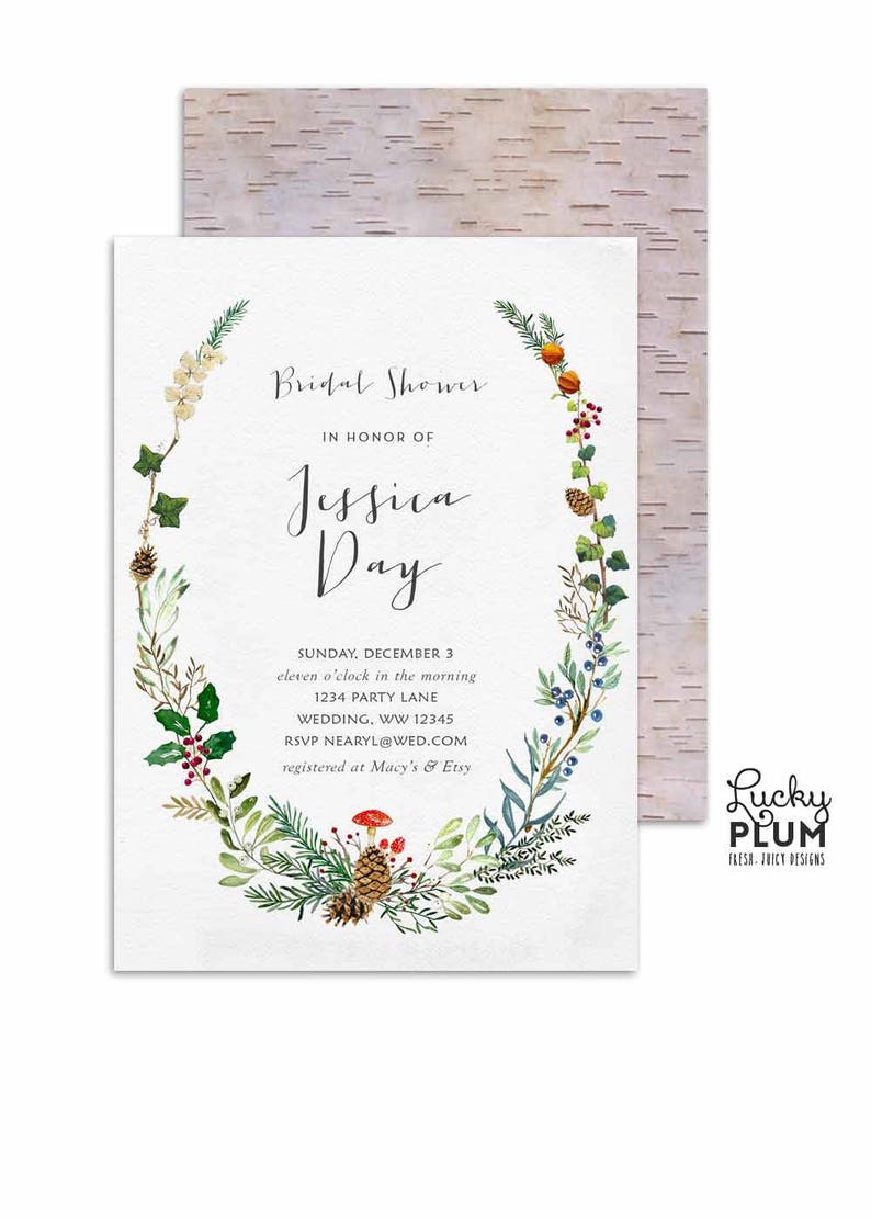 Winter Bridal Shower Invitation / Christmas Bridal Shower Invitation / Forest Woodland Bridal Shower Invitation / Leaf Meadow Wildflower image 1