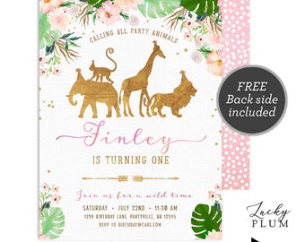 Girl Jungle Birthday Invitation / Pink Floral Safari Birthday Invitation / First Birthday Invitation / Gold Animal Elephant Giraffe SF05