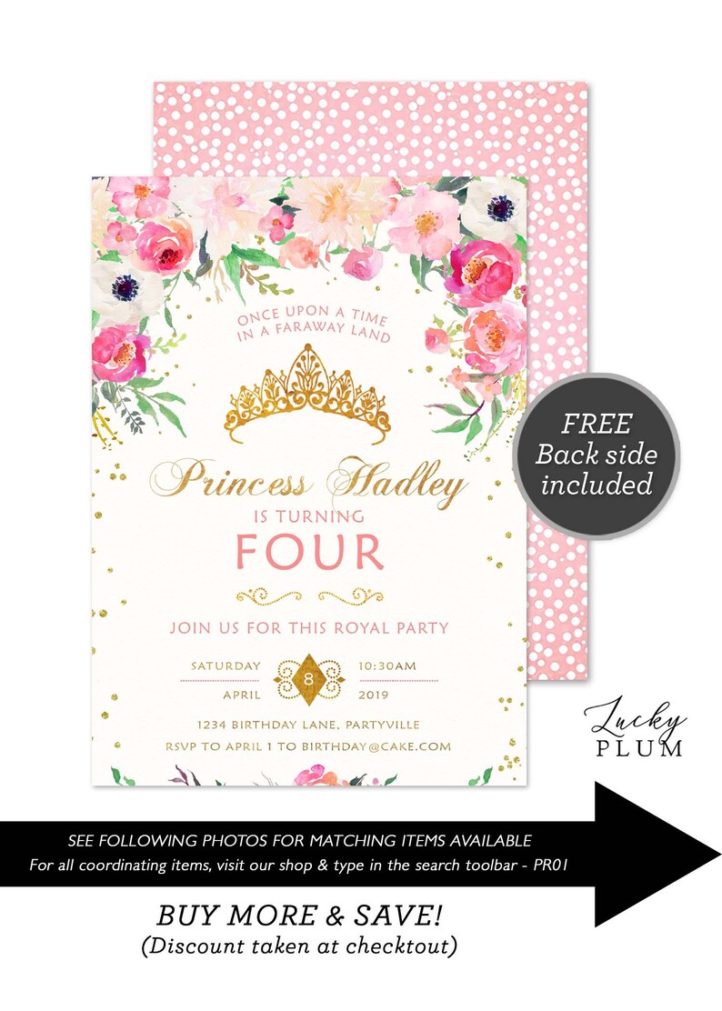 Princess Birthday Invitation / Tiara Birthday Invitation / Pink Gold Birthday Invitation / First Birthday Invitation / Glam Floral PR01 image 1