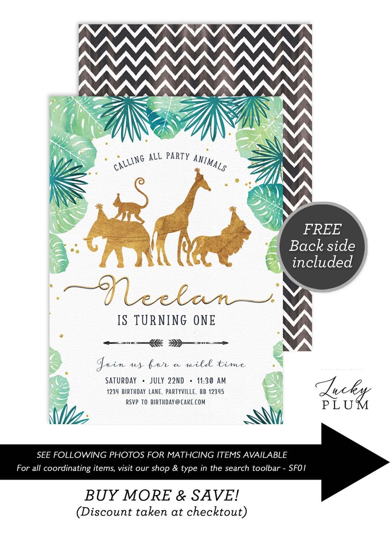 Gold Safari Birthday Invitation / Jungle Birthday Invitation / Wild Birthday Invitation / Zoo First Birthday Boy Gold SF01 image 1