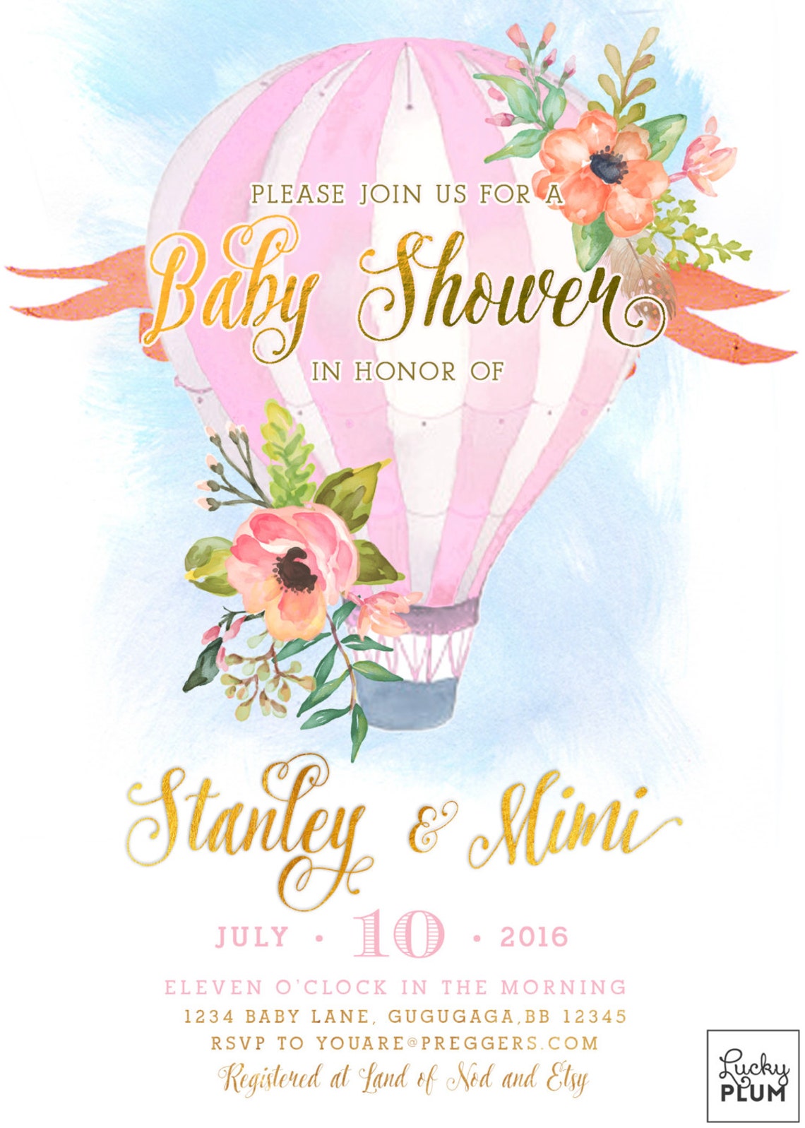 Hot Air Balloon Baby Shower Invitation / Pink Baby Invitation Etsy