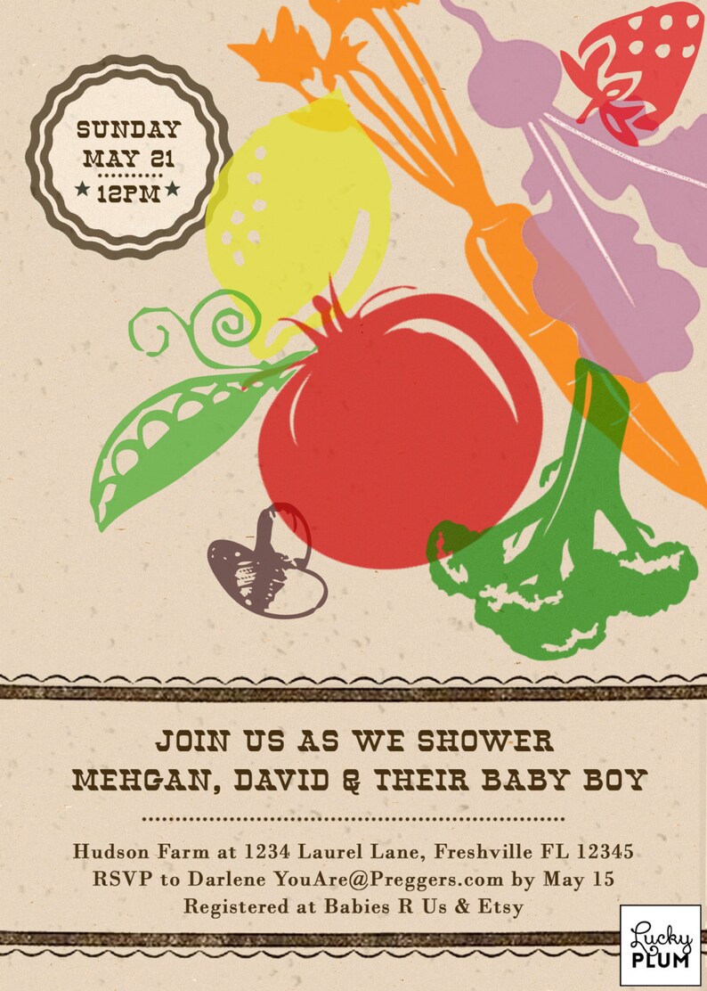 Locally Grown Baby Shower Invitation / Farmer's Market Invite / Fruit Vegetable Invite / Couple Baby Shower Invite / Digital file image 2