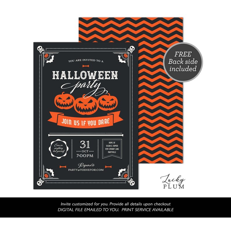 Adult Halloween Invite / Adult Costume Party Invitation / Modern Simple Black White Orange Jack o Lantern / Digital image 1