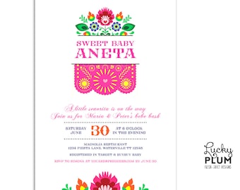 Fiesta Baby Shower Invitation / Papel Picado Invite / Folk Invite / Flower Invite / Mexican Fiesta Invite / Couple Coed Shower Invite