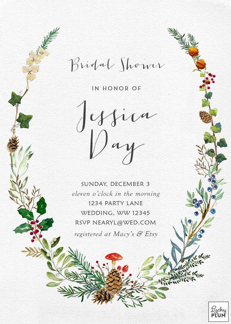 Winter Bridal Shower Invitation / Christmas Bridal Shower Invitation / Forest Woodland Bridal Shower Invitation / Leaf Meadow Wildflower image 2