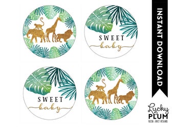 Safari Cupcake Toppers / Safari Round Labels Stickers / Animal Cupcake Toppers / Jungle Cupcake Toppers / Elephant Giraffe Lion SF01