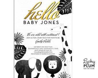 Safari Baby Shower Invitation / Animal Baby Shower Invitation / Black and Gold Invitation / Couples Shower Invitation / Elephant Invitation