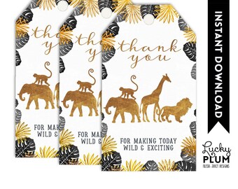 Safari Favor Tag / Safari Gift Tag / Safari Thank You Tag / Black Gold Animal Jungle Zoo Wild One Boho / *Digital Printable SF02