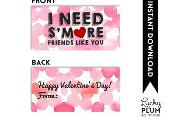 Smore Valentine Printable Tag / Valentine Printable Tag / I Need S'more Friends Like You / S'more Valentine Tag / S'more Treat Bag Topper