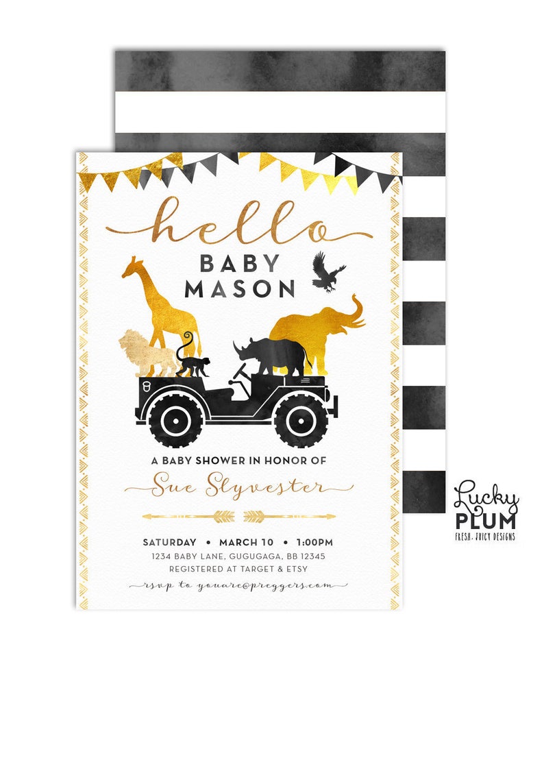 African Safari Baby Shower Invitation / Wild One Black Gold Couples Coed Baby Shower Invite / Jungle Animals Jeep Boho Chic Elephant SF03 image 1