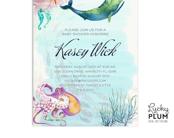 Ocean Baby Shower Invitation / Whale Baby Shower Invitation / Nautical Baby Shower Invitation / Couples Coed *Digital WH02