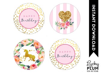 Unicorn Cupcake Toppers / Unicorn Round Label / Horse My Little Pony / Pink Gold Cupcake Toppers / Flower Cupcake Toppers UC01