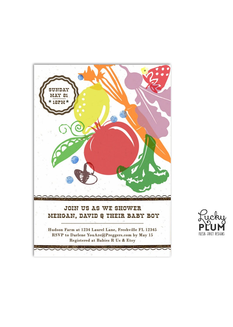 Locally Grown Baby Shower Invitation / Farmer's Market Invite / Fruit Vegetable Invite / Couple Baby Shower Invite / Digital file image 1