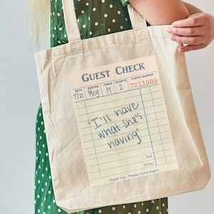 I'll Have What She's Having Rom Com When Harry Met Sally Tote Bag Guest Check Print Gift for Film Enthusiasts Meg Ryan Billy Crystal Cotton Canvas Tote