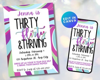 30 Flirty & bloeiende bewerkbare 30e verjaardagsuitnodiging - 13 GOING ON 30 - Digitale download - Canva-sjabloon