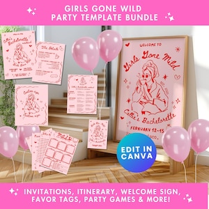 Girls Gone Mild Benutzerdefinierte Bachelorette Party Bundle Laden Vorlage Bach Pyjama Party Spiele download Canva Spa Bach Zoll Hand gezeichnet Stil
