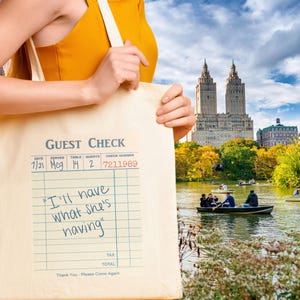 I'll Have What She's Having Rom Com When Harry Met Sally Tote Bag Guest Check Print Gift for Film Enthusiasts Meg Ryan Billy Crystal Cotton Canvas Tote