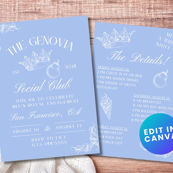 Genovia Social Club Personalized Princess Diaries Bachelorette Party Digital Template Invitation Customizable Mia Thermopolis Gift y2k Bride